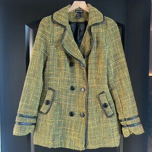 Y2K Wet Seal Women's Tweed Pea Coat - Bright Yellow, Green and Black